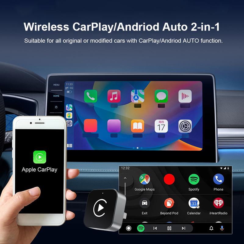 2-in-1 Wireless CarPlay & Android Auto Adapter, Plug & Play CarPlay Dongle Converts Wired to Wireless, Fast Auto-Connect, No Delay, Compact Design for iPhone & Android with USB/USB-C Port(Black)