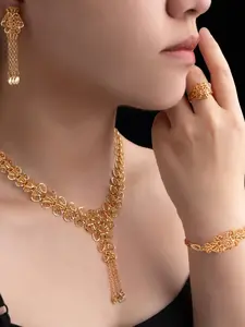 Flower Design Tassel Pendant Necklace & Dangle Earrings & Ring & Bracelet, Fashion Jewelry Set for Party, Daily Decor, Trendy All-match & Exquisite Jewelry for Birthday Gift