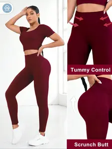 Seamless Peach Hip Yoga Set for Women, Tight-Fitting Summer Sportswear, Knitted Above-Ankles Bottoms, Regular Fit Short-Sleeve Long Pants, Athleisure Wear Set, Athletic Style Activewear, Workout Gym Clothing