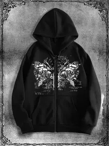 Y2K Original Style Printed Zip Up Fitted Hoodie for Casual Wear, Trendy Streetwear Hoodie for Fall & Winter, Perfect for Fashion