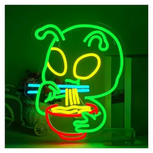 Sign Illuminated Aliens Eat Lamian Noodles Neon Sign Green Neon Lights USB Powered Dimmable For Home Decoration USB Lamp 32cm×38.5cm
