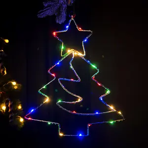 Xmas Tree Iron Frame LED Light String Window Hanging Ornament 2024 Christmas Decoration For Home 2025 New Year Party Gift Supply
