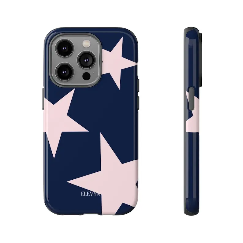 Navy Pink Star Phone Case | Stylish Phone Cover, Cell Phone Accessory, Gift for Her, Trendy Tech Protector, Pink and Navy case, Star Case for iPhone Samsung Galaxy Google Pixel Waterproof Polycarbonate TPU Impact Resistant Trendy Aesthetic