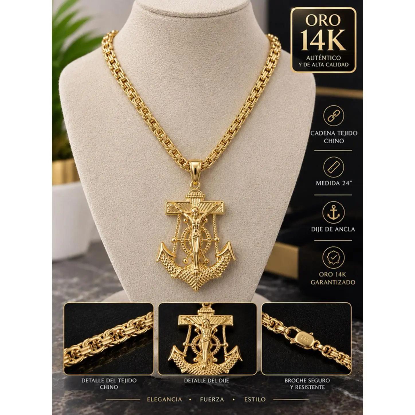 14K Gold Chinese Woven Laminated Chain with Anchor Charm for Men Waterproof 24" Necklace