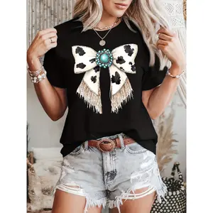 Women'S Western Cow Print T-Shirt with Bow Detail - Lightweight Breathable Crew Neck Top, Soft Durable Fabric, Unisex Cowgirl Apparel, Regular Fit Short Sleeve
