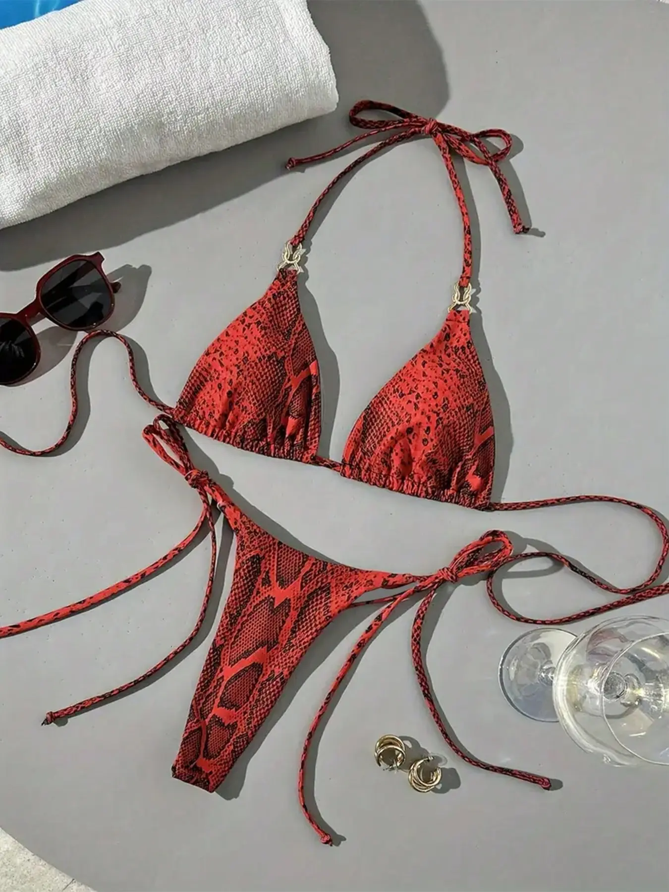 Red Snake Print Triangle Bikini Set, Bikini Swim Top, Triangle Bikini Bottoms, Sexy Tie-Side Thong Bottom, Women's Two-Piece Swimsuit for Summer Beach Vacation, Swimwear Bikini, Beachwear Swimsuit
