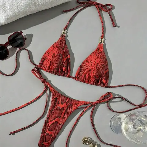Red Snake Print Triangle Bikini Set, Bikini Swim Top, Triangle Bikini Bottoms, Sexy Tie-Side Thong Bottom, Women's Two-Piece Swimsuit for Summer Beach Vacation, Swimwear Bikini, Beachwear Swimsuit