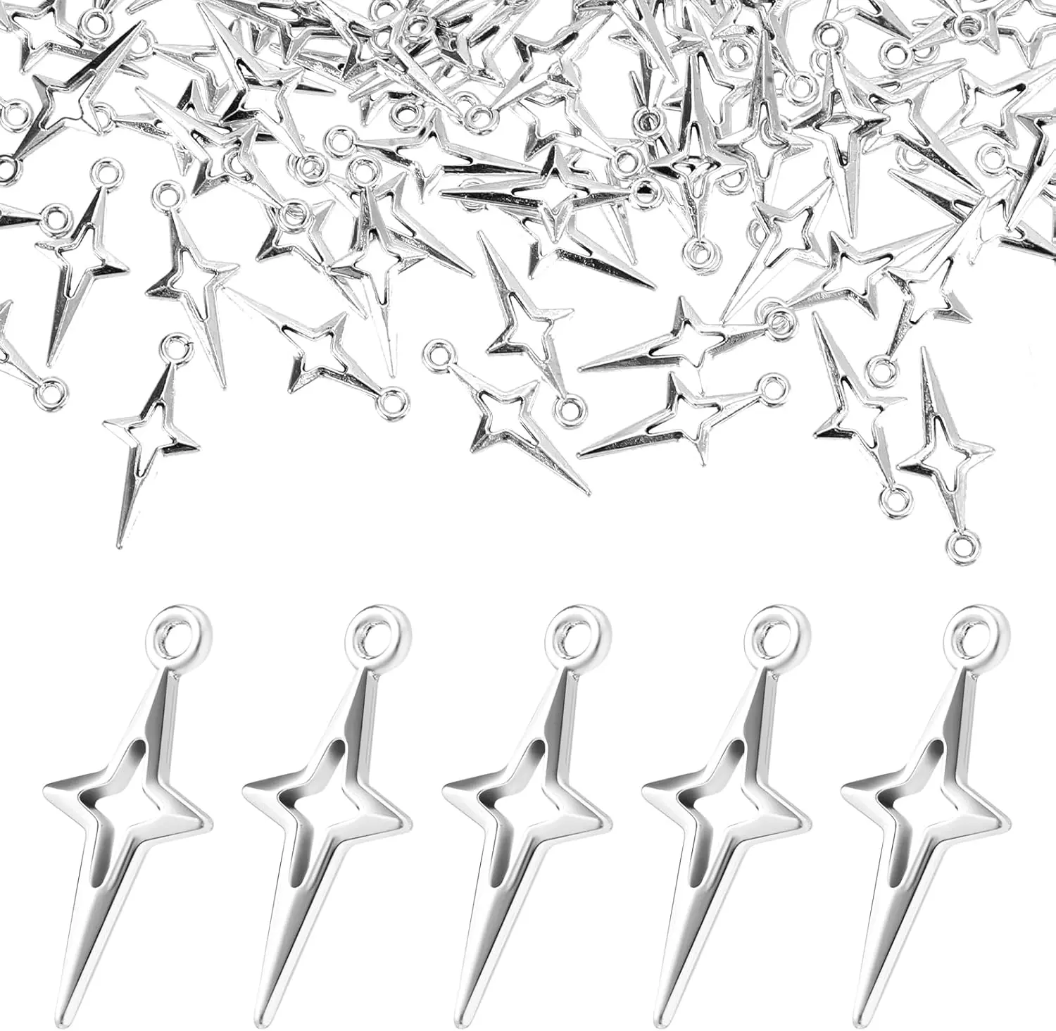 Pcs Silver Star Charms, Star Charms for Jewelry Making Small Metal Hollow Four-pointed Star Charms for DIY Craft Bracelet Earrings Necklace Pendant Aesthetic Charm Connectors