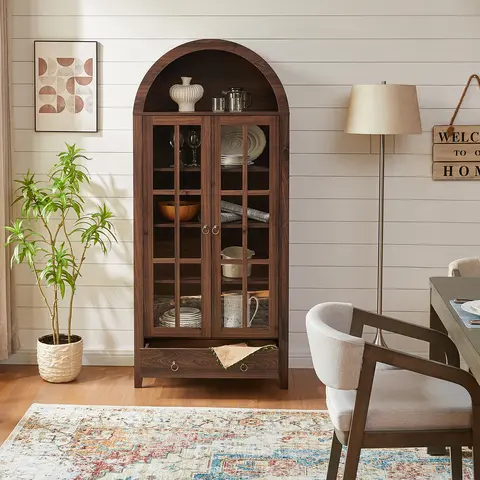 Farmhouse Arched Cabinet with Glass Doors, Wood Display Cabinet with Drawer and Adjustable Shelves, 71” Tall Bookshelf Modern China Storage Kitchen Pantry for Living Room,Office