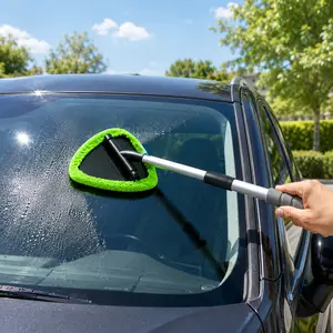 Car Window Cleaning Kit with Extendable Handle, Windshield Cleaner Tool Equipped with 4 Washable Microfiber Pads, Practical Glass Wiper Brush for Auto & Household Windows
