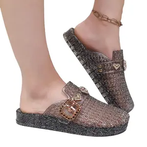 Waterproof Women's Transparent Glitter Jelly Slides Breathable Hollow Slip-On Sandals Anti-Slip Beach Bathroom Casual Shoes