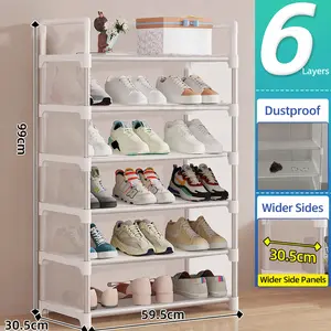 6-Tiers Shoe Rack Tall Large Capacity 16-18 Pairs Wide Shoe Organizer Sturdy Shoe Shelf for Entryway with Two Hooks Metal Shoe Storage for Closet, Bedroom, Black