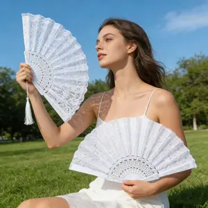 Lace Folding Fan Set of 2 or 4 Medium Size, Dance Performance Wedding Line Dance Fans, High Quality Smooth Opening Hand Fans Gift
