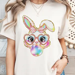 Easter Bunny Bow Bubble Unisex Shirt, Casual Short sleeve Top Women, Cute Church Outfit Easter Tee