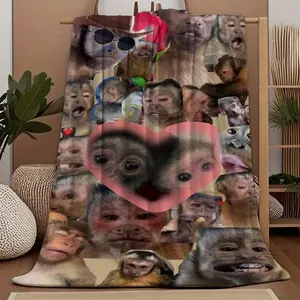 Monkey Heart Expressions Flannel Blanket - Soft Plush Throw with Expressive Monkey Faces (Surprise!, Love!, Happiness), Heart Accent  - Lightweight & Warm All-Season Blanket for Couch, Bed, Office,