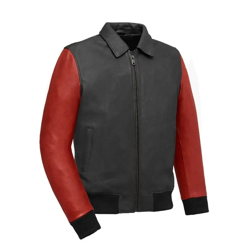 FM Men's Two Tone Moto Leather Bomber Jacket Black/Red
