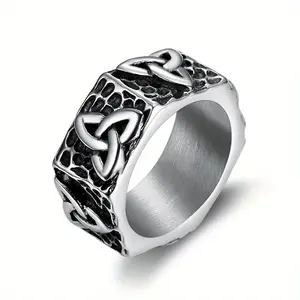 Men's Vintage Stainless Steel Ring, Hip Hop-Punk Motorcycle Style, Irish Celtic Knot & Geometric Patterns, Cuban Chain Design Accessory for Parties, Retro Fashion Jewelry, Re, Party, Vintage Rings, Cuban Chain Ring