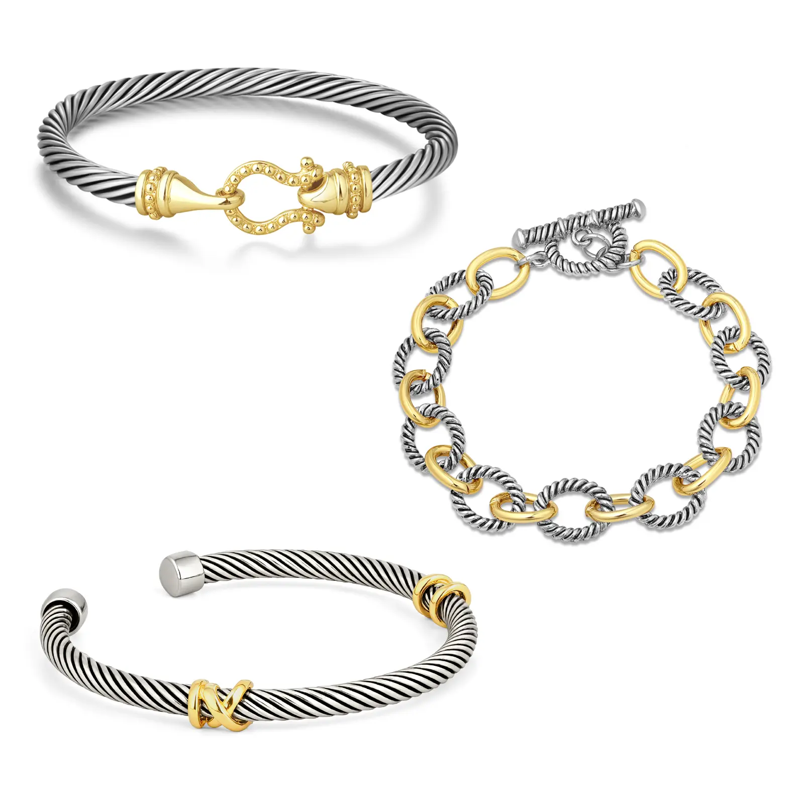Aprilery Trendy Stack Bangle Two-Tone Cable Cuff Bracelet with Hook Clasp for Women's Fashion Jewelry Gift Trendy Jewellery Accessories
