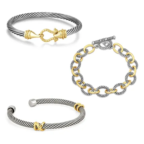 Aprilery Trendy Stack Bangle Two-Tone Cable Cuff Bracelet with Hook Clasp for Women's Fashion Jewelry Gift Trendy Jewellery Accessories