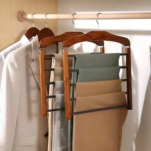 4-in-1 Multi-Layer Wooden Pants Hanger - Space Saving Closet Organizer for Jeans, Trousers & Scarves - Heavy Duty