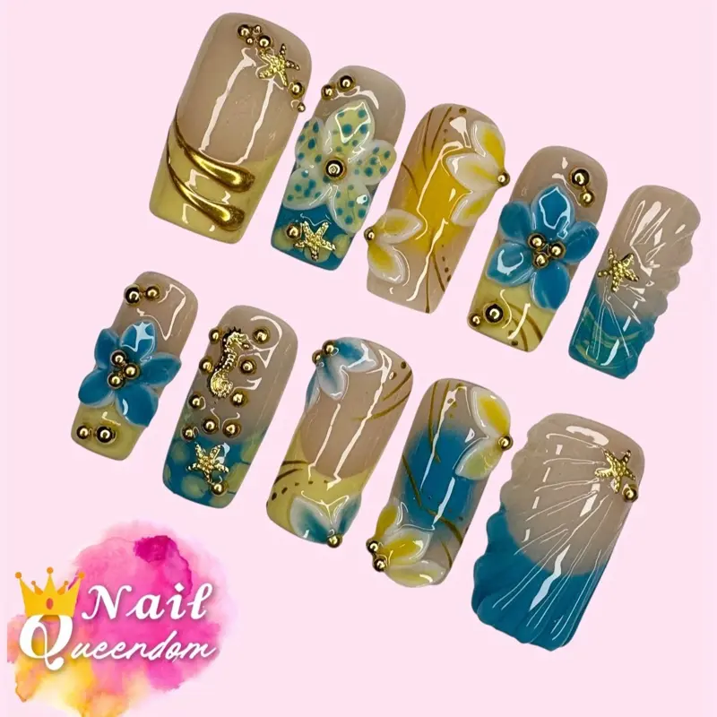Nail Queendom [UNDER THE SEA] Handcrafted 3D Press-On Nails Reusables Long Lasting Salon Quality Easy Application 10 Pieces Set Eco-Friendly 3D-gel Finish