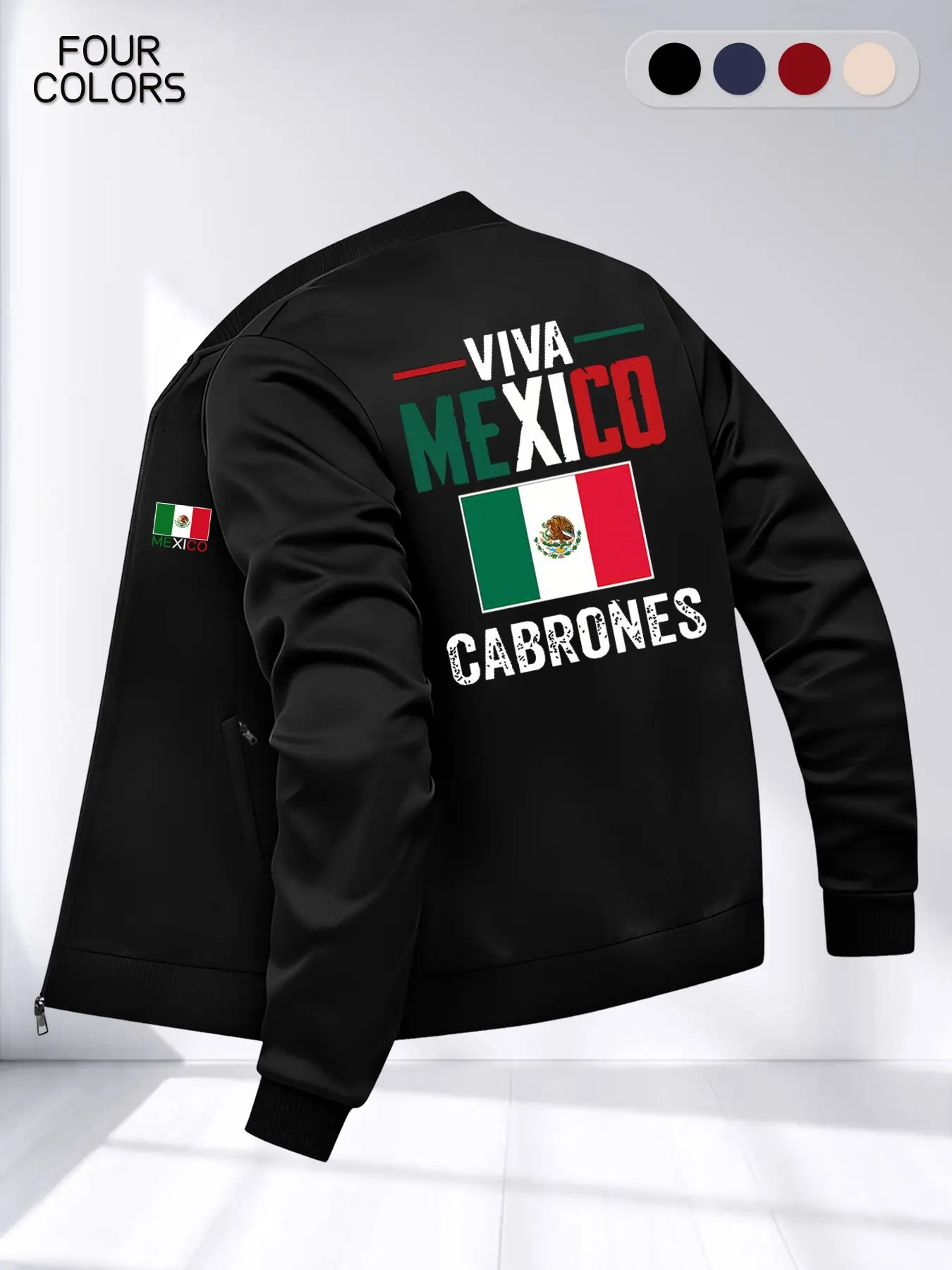 Men's Spring Fall Zipper Jacket with Mexican Theme Cultural Flag Print, Loose-Fitting Long Sleeve Casual Outdoor Coat, Perfect for Business & Sports, Outerwear, Fashion Casual Outerwear