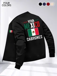 Men's Spring Fall Zipper Jacket with Mexican Theme Cultural Flag Print, Loose-Fitting Long Sleeve Casual Outdoor Coat, Perfect for Business & Sports, Outerwear