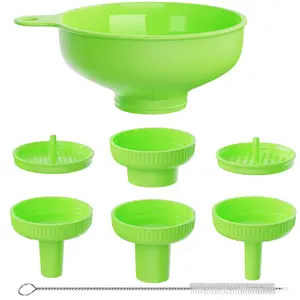 Wide Mouth Versatile Funnel, Canning Funnels for Kitchen Use, Food Grade Plastic Cooking Funnel Set with 4 Size Spouts and 2 Strainers for Filling Different Bottles and Bags, Green Lid Oil