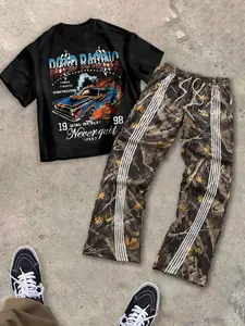 Teen Boys' Y2K Streetwear Set, Vintage Racing Print Tee & Camo Flare Pants, Casual Spring Summer, Comfortable Fashion