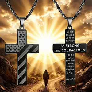 Men's American Flag Cross Necklace  Inspirational Bible Verse Cross Pendant  Patriotic-Themed Jewelry  Custom Christian Gifts for Men