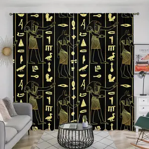 Egyptian Hieroglyphs Pattern Window Curtain, 2 Counts/set Gold Shimmering Line Printed Curtain, Home Decor for Bedroom, Living Room, Study, Bathroom, Kitchen