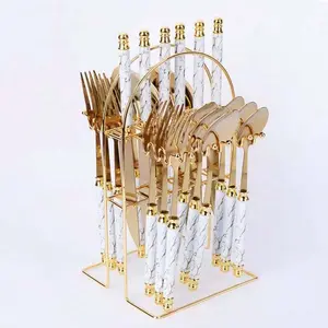 24 Piece Set Of Double Bead Marble Patterned Tableware With Storage Rack, 410 Stainless Steel Tableware Knife, Fork, Spoon Set, Light Luxury Nordic Style Tableware, Suitable For Home Kitchens, Restaurants, Hotels, Holiday Gifts Cutlery Multicolor