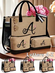 Canvas Letter Tote Bag with Cosmetic Case, Wash Bag, Wallet, Personalized Gift Bag, Stylish Shoulder Bag for Women, Perfect for Weddings, Birthdays, Beach Trips, Vacations, School, and Gifting, Shoulder Totes
