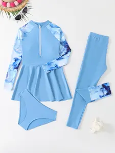 Girls' Sporty Long Sleeve Swimsuit Set, Three-Piece Beachwear Swimwear, Slim-Fitting Design for All Seasons, Perfect for Sports & Swimming, Swimwear Sets