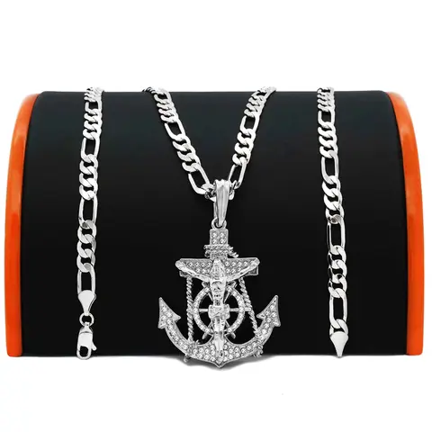 MaxBling81 Glossy Jesus Anchor CZ Cross Pendant Jewelry - 925 Stamped Lock, 5mm Unisex Fit, 20"/24 in Sterling Silver-Plated Brass Figaro/Cuban Chain and Link Necklace for Women, Hip Hop Costume Accessory
