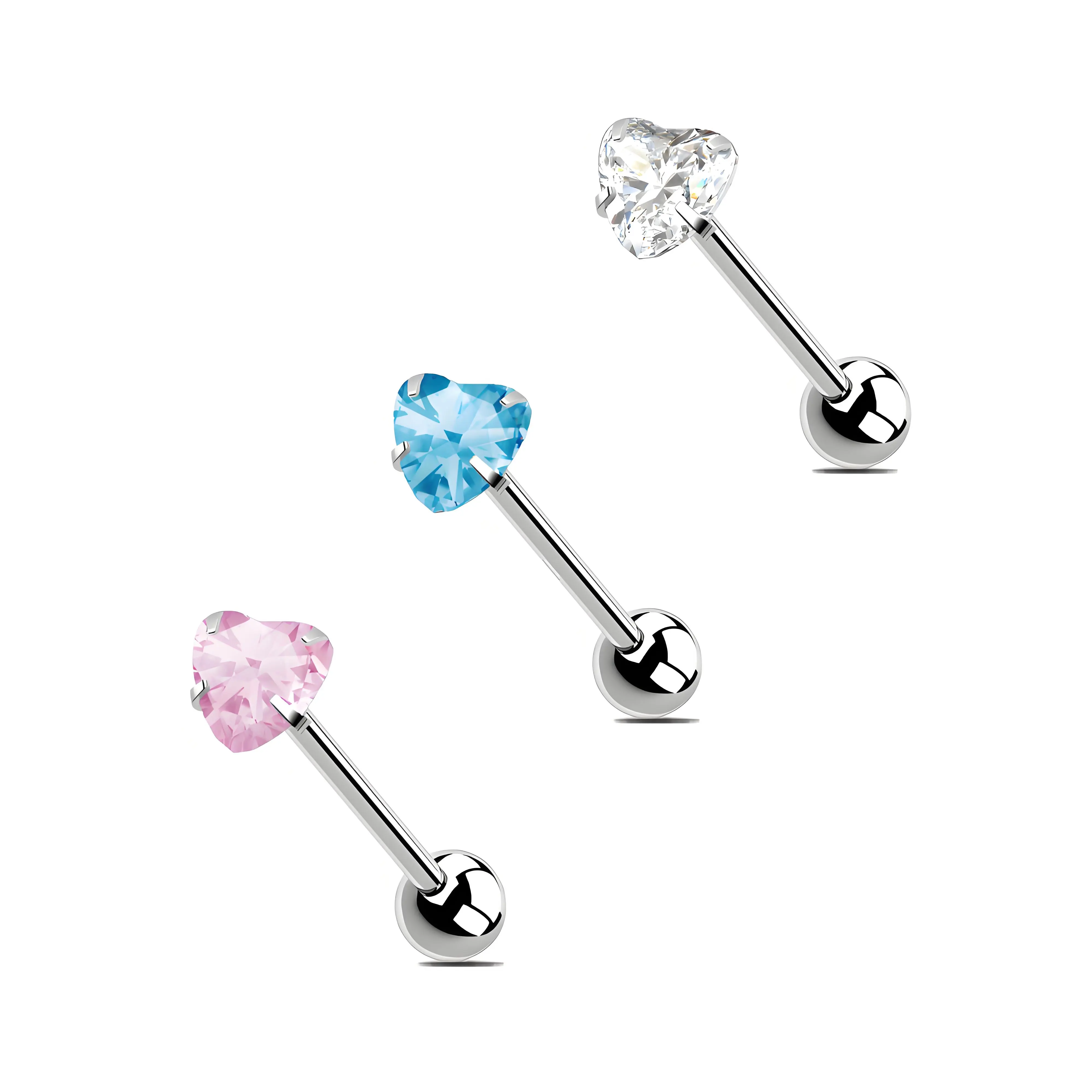 HERVAY 14G/16MM Stainless Steel Tongue Piercing - Blue/Pink/White Crystal Heart & Artificial Zircon - Unisex Body Jewelry