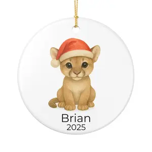 Baby Cougar Christmas Ornament - Cute Watercolor Animal with Santa Hat - Personalized Name & Year - Mountain Lion Holiday Gift