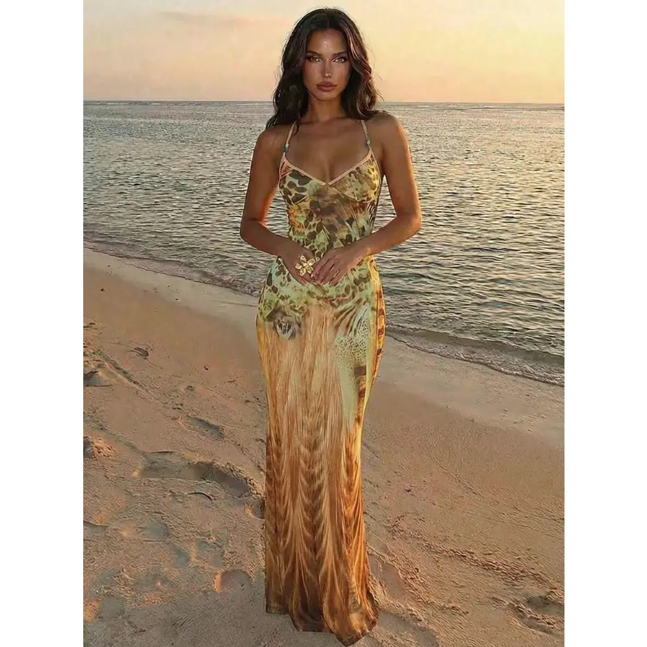 Womens Leopard Print Bodycon Mini Dress | Beaded Spaghetti Strap Dress | Sexy Summer Party Outfit