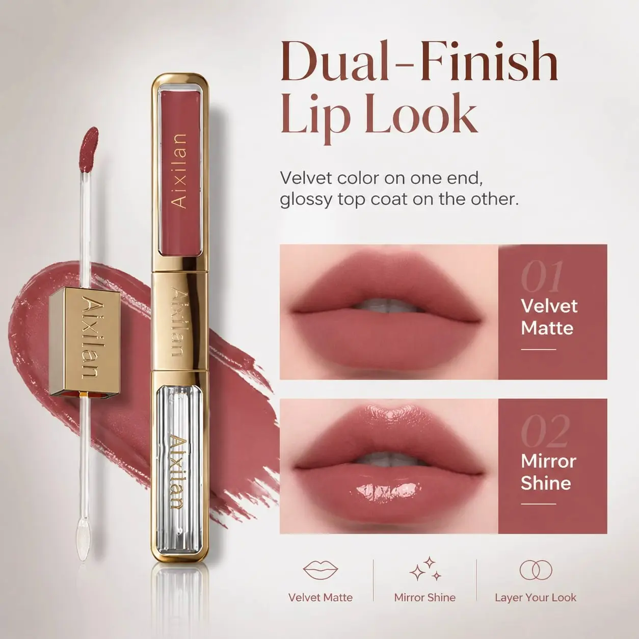 Aixilan 2-in-1 Dual Finish Lip Product - Velvet Matte & Mirror Shine 2-Tone Tint with Built-In Mirror, Portable Long-Lasting Single-Tube Makeup