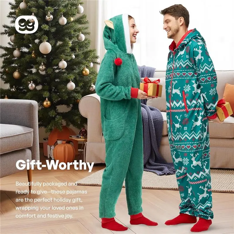 Giggling Getup Women Hooded Christmas Pajamas Outfit, Adult One-piece Winter Pajamas indoor wear