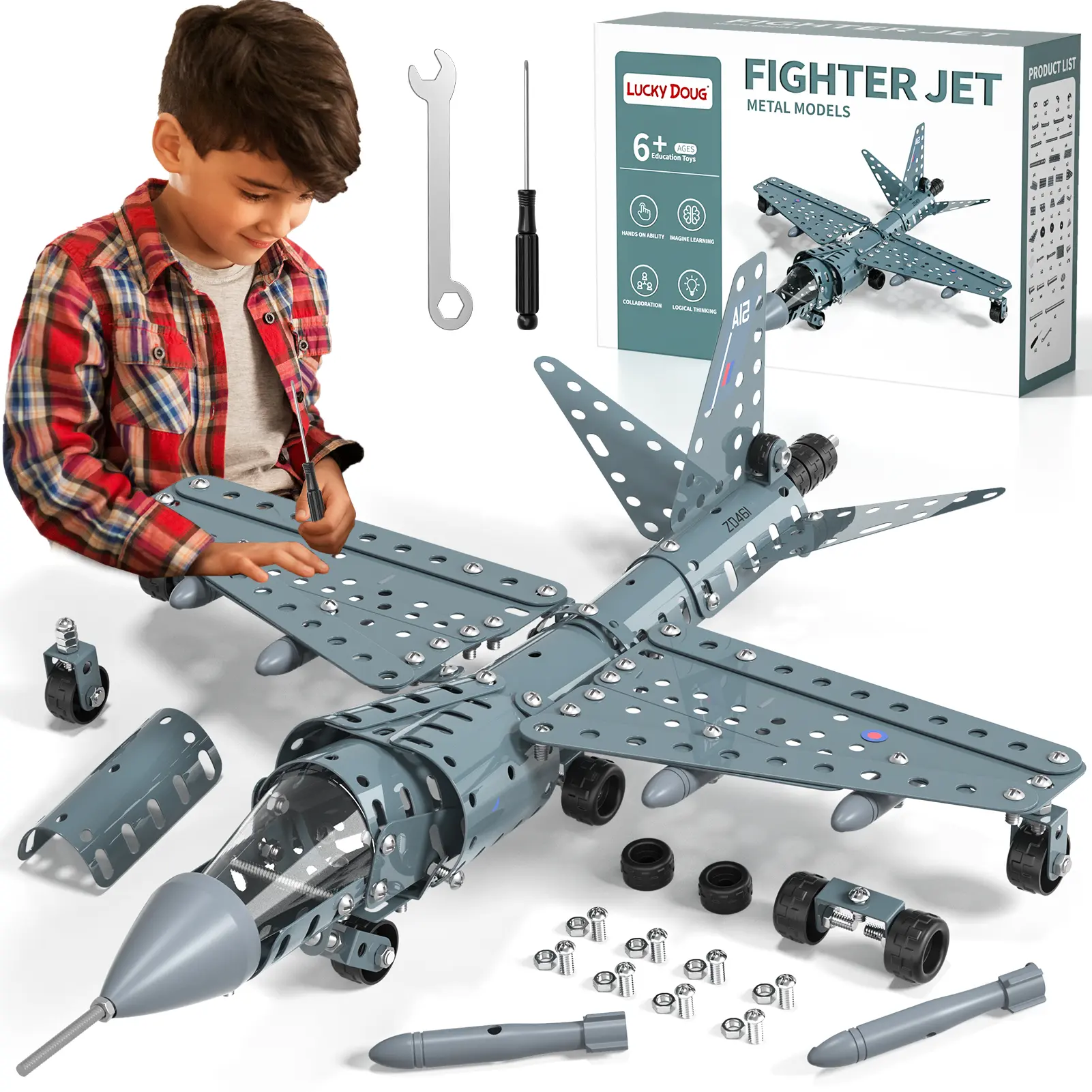 Boys' Metal Jet Airplane Building Set - LEGO-Compatible Realistic Combat Aircraft Model, 6+ Years No-Battery STEM Learning Toy, BPA-Free Unisex Collectible for Children Development & Logical Thinking Enhancement