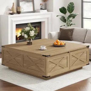 47” Farmhouse Square Coffee Table with 4 Drawers Extra Large Coffee Table with Storage Wooden Large Coffee Tables for Living Room Square Center Table for Home Office mothersdaygift Brown/Natural summervibes