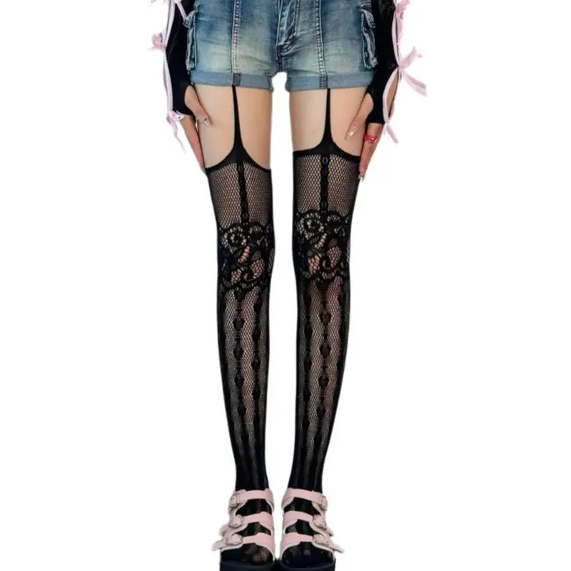 Women Hollowed Fishnet Garter Belt Pantyhose Y2K Girls Gothic Punk Heart  Patterned Sheer Thigh High Stockings Suspender Tights