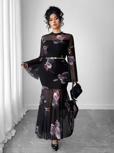 Elegant Vintage Floral Long Dress, Half High Neck Flare Sleeves, Sheer Mesh Hem, Fitted Slimming Mermaid Silhouette, Perfect for Parties & Dates