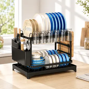 2-Layer Durable Carbon Steel Dish Drying Rack - Kitchen Countertop Organizer with Drain Board, Bowl Drying Rack, Kitchen Accessories for Plates, Cups, Home Storage Utility Holder