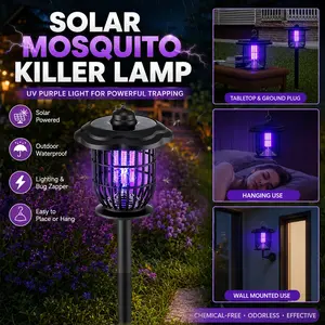 3-in-1 Solar Bug Zapper Outdoor Waterproof Style, Mosquito Killer and Garden Light with Ground Stake, Hanging Hook and Wall Mount, Auto Dusk On Lighting, Outdoor mosquito zapper for Backyard, Patio, Lawn, Pathway, Camping, Porch and Yard Evening Use