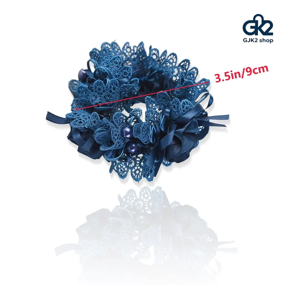 Bohemian Hollow Lace Embroidery Rose Flower Scrunchie, Elegant Faux Pearl & Satin Bow Decor Fabric Hair Tie, Vintage Floral Ponytail Holder for Women Daily Hairstyle, Wedding Bridal & Party Updo Hair Accessories