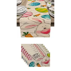 7-Piece Easter Bunny Table Runner Set, Cute Rabbit Egg Carrot Placemats, Kitchen Decor, Spring Farmhouse Home Decoration