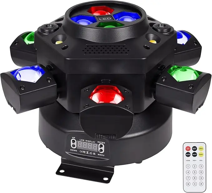 Sound Activated DJ Moving Head Stage Lights - 6-Arm, 6 High-Power RGBW LEDs, 180° Rotation Per Arm, 26-Channel DMX512, 5 Smart Control Modes Starry Pattern Projector for Living Room Home Dance Party, Color Changing, Party Lights