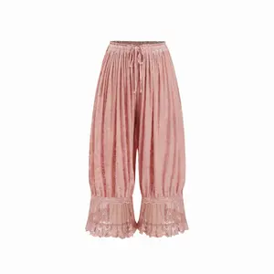 Cider Velvet Floral Lace Trim Drawstring Cropped Bloomer Pants